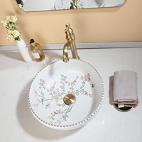 KEMAIDI Bathroom Ceramic Vessel Sinks White Round Porcelain Vessel Sink Counter Top Flower Bird Pattern Bowl Sinks for Bathrooms 2