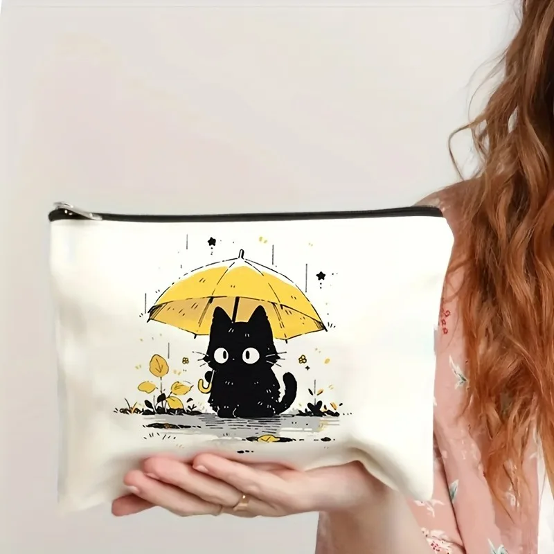 Whimsical Cat Canvas Women Makeup Bag Portable Travel Cosmetic Bag with Zipper Lightweight Female Coin Pouch Fashion Girls Purse 3