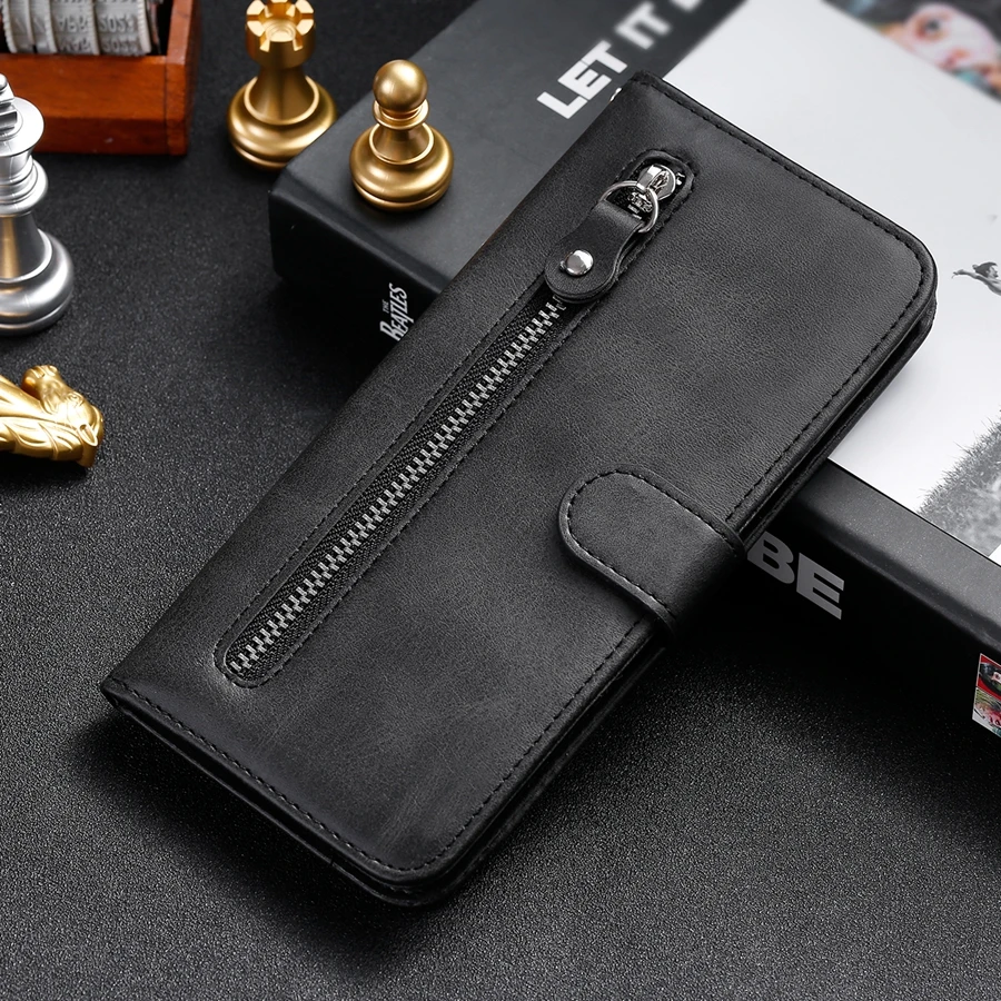 Premium Wallet Stand Zipper Magnetic Flip Case - Artificial Cowhide Design