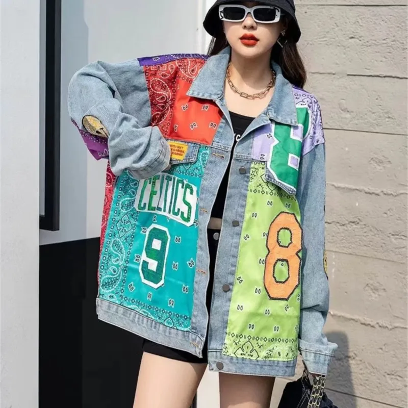 Designer New Personality Stitching Pattern Long Sleeve Coat Female Loose