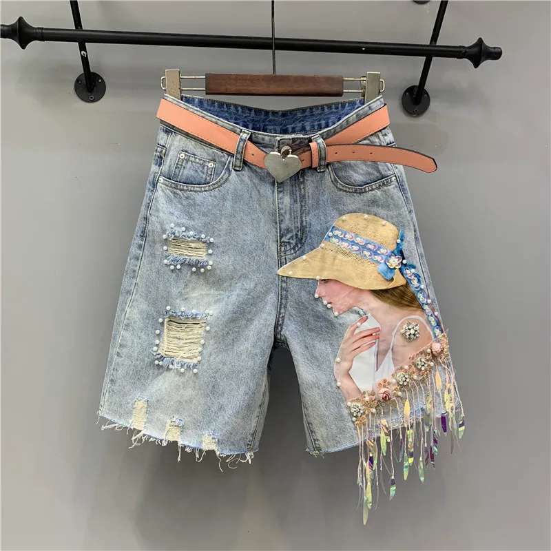 

Fashion Beading Hole Denim Shorts Women Summer Pearl Tassels Diamond Decoration Straight Short Jeans Loose Wide Leg Shorts