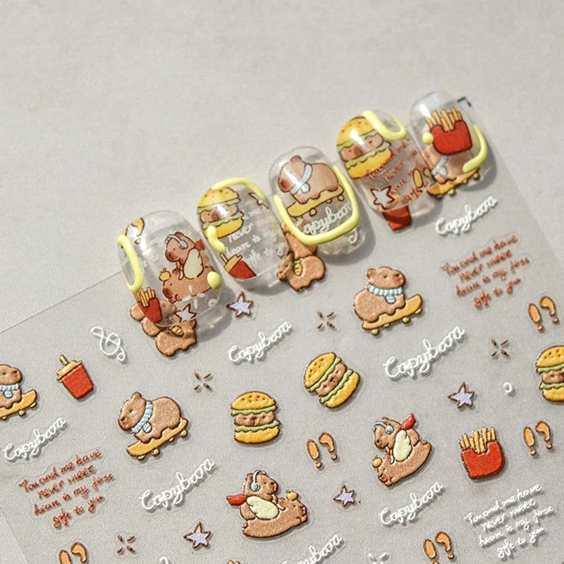 Cartoon Cute Capybara Hamster Brown Kapibala Soft Embossed Reliefs Self Adhesive Nail Art Decoration Stickers 3D Manicure Decals