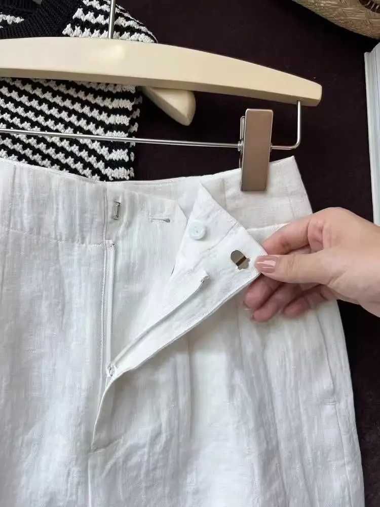 HOUZHOU Casual Women White Linen Shorts Wide Leg High Waist Japanese Fashion Basic Short Pants Female Office Wear Elegant Summer