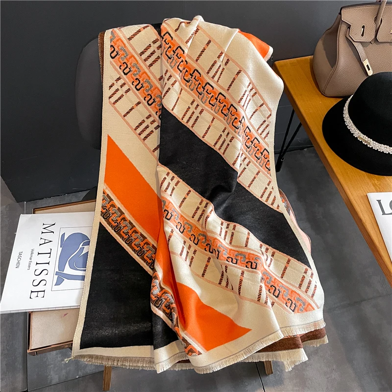 

Fashion Design Cashmere Winter Scarf Women Casual Warm Striped Splice Pashmina Shawl and Wraps New Blanket Bufana Echarpe Poncho