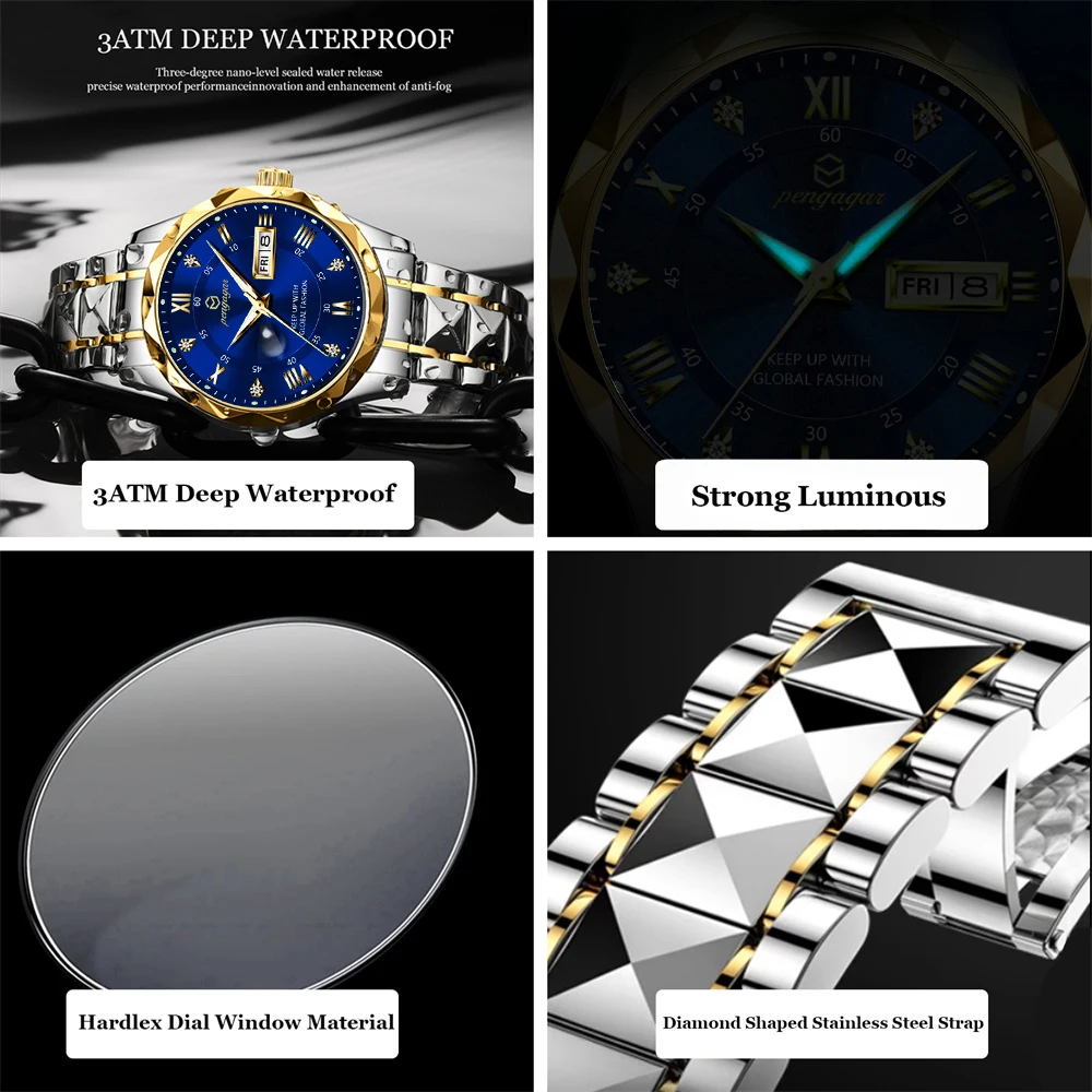 Luxury Wrist Watch PENGAGAR Luxury Square Sport Man Wristwatch Waterproof Luminous Chronograph Quartz Men's Watches Stainless Steel
