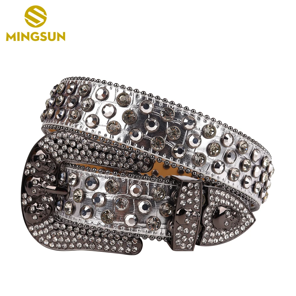 Silver Skull Diamond Studded Belts For Men Western Cowboy Cowgirl Rhinestone Belt Luxury Designer Women Leather Strap 2022 New