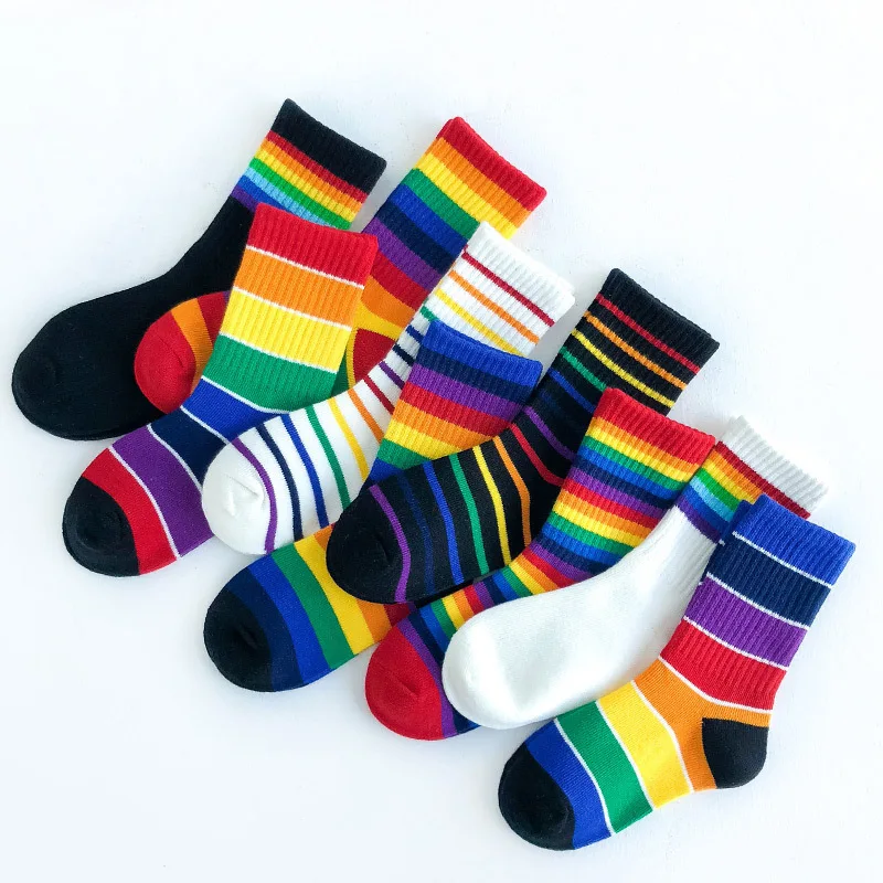 Fashion Rainbow Socks for Kids Spring Summer Colourful Stripe Breathable Cotton Girls Boys Tube Socks School Long Socks 1-8 Year japanese korea high school girls high socks loose solid colors double needles knitting cotton long socks women spring summer