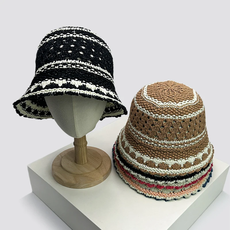 

New Women Korean Beach Color Block Bucket Hats Hollow Out Sunshade Outdoor Breathable Casual Fisherman Caps Versatile Fashion