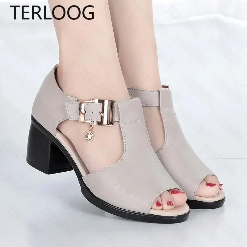 Women Sandals Summer New Med Heels Peep Toe Shoes Slippers Fashion Desiger Pu Leather Casual Sexy Wedding Pumps Shoe Woman