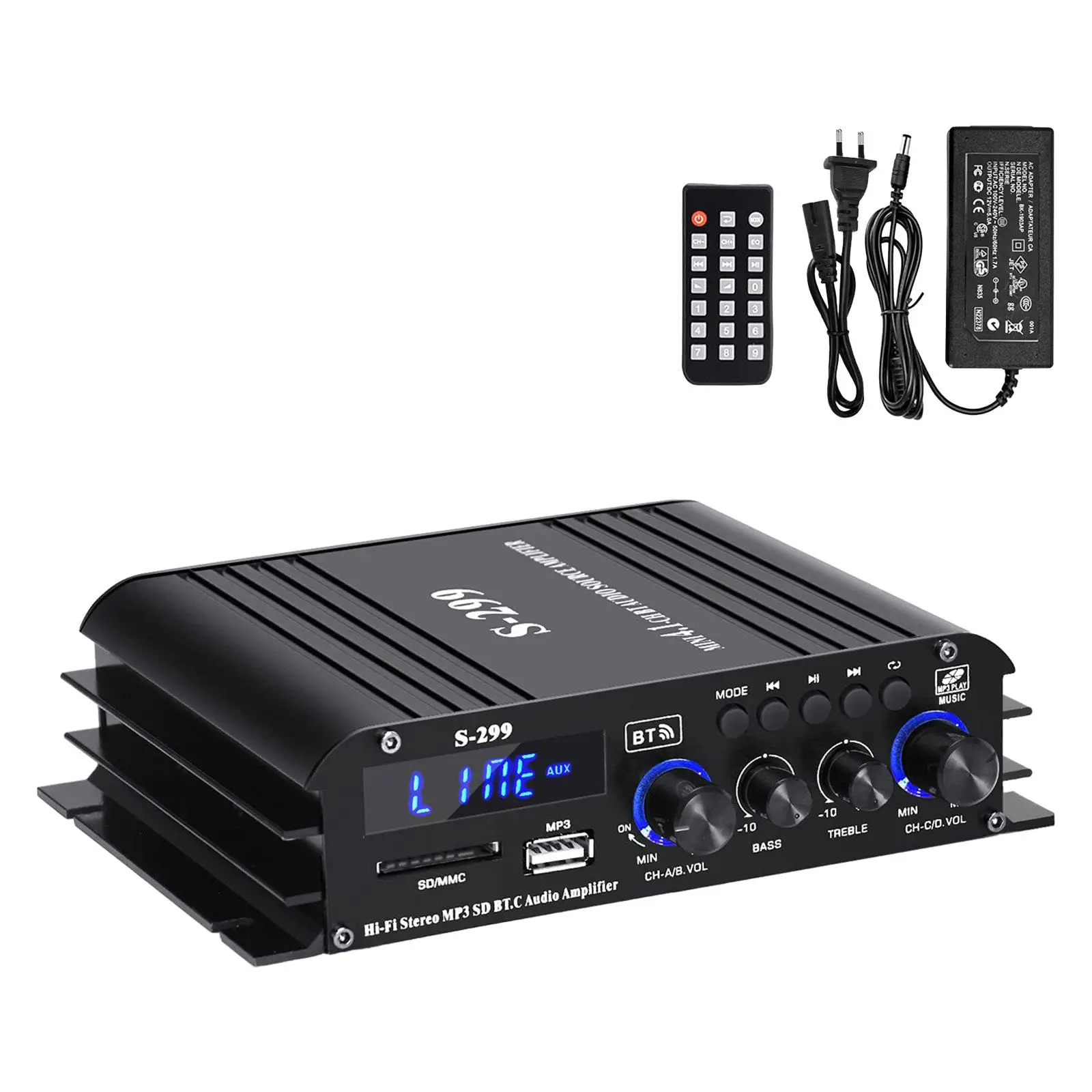 Audio Power Amplifier HiFi Stereo Amp MP3 for Car Home Bar Party 4.1 CH Portable USB AUX BT SD 40wx4 with Remote Control