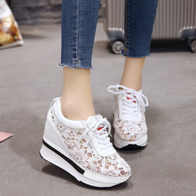  Wedge Sneakers for Women,Arch Support Mesh Lace Embroidery  Slip-on Loafers Floral Air Comfortable Lightweight Memory Foam Cushioning  Midsole Low Top Padded Insole Casual Shoes for Women Walking 2023 : Sports 