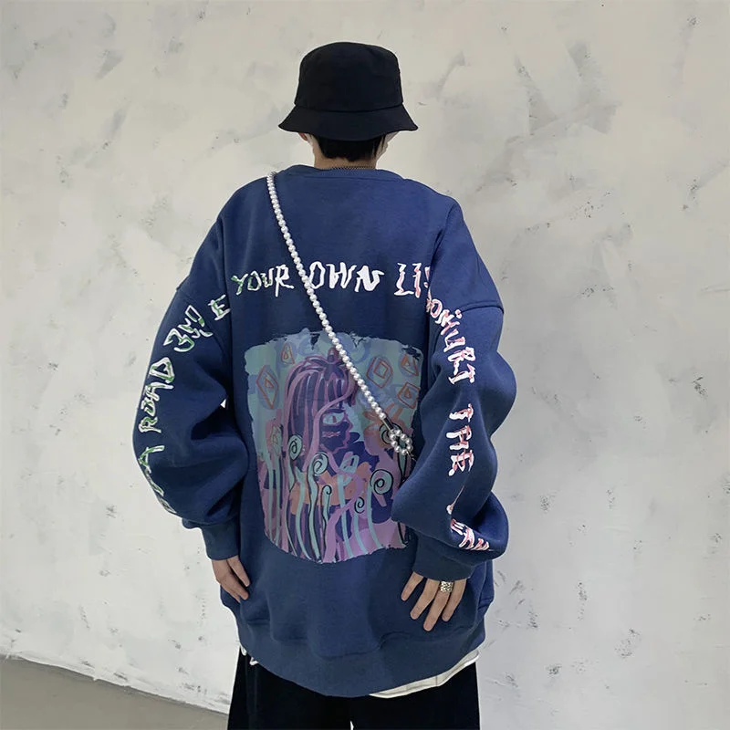 

Sweatshirts Men Women Unisex Cartoon Anime Graffiti High Street Letter Printed O Neck Hoodies Pullovers Harajuku Y2K Clothes