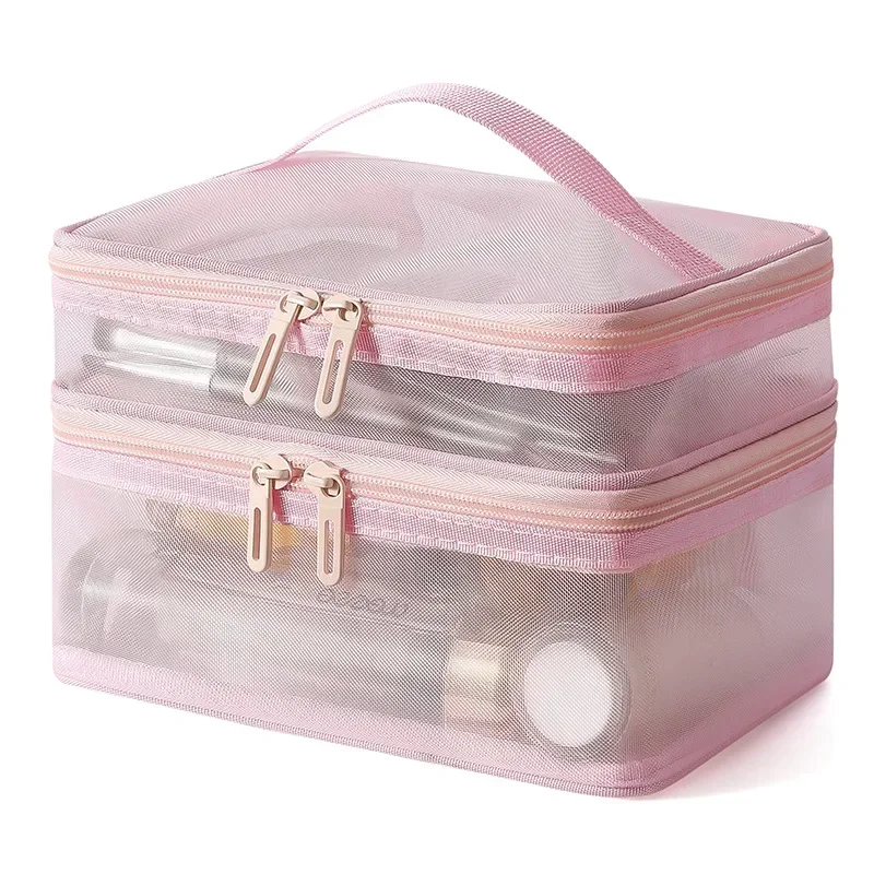 Portable Double Layer Mesh Cosmetic Bag Women Pink Make Up Case Big Capacity Travel Zipper Makeup Organizer Toiletry Storage Box 2