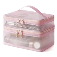 Portable Double Layer Mesh Cosmetic Bag Women Pink Make Up Case Big Capacity Travel Zipper Makeup Organizer Toiletry Storage Box 2