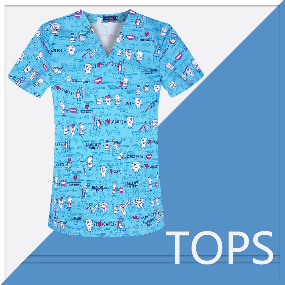 Short Sleeves Uniform Shirt Pocket 100% Cotton Scrubs Teeth Print Medical Hospital Pet Nursing Workclothes Dentist Top medical scrubs