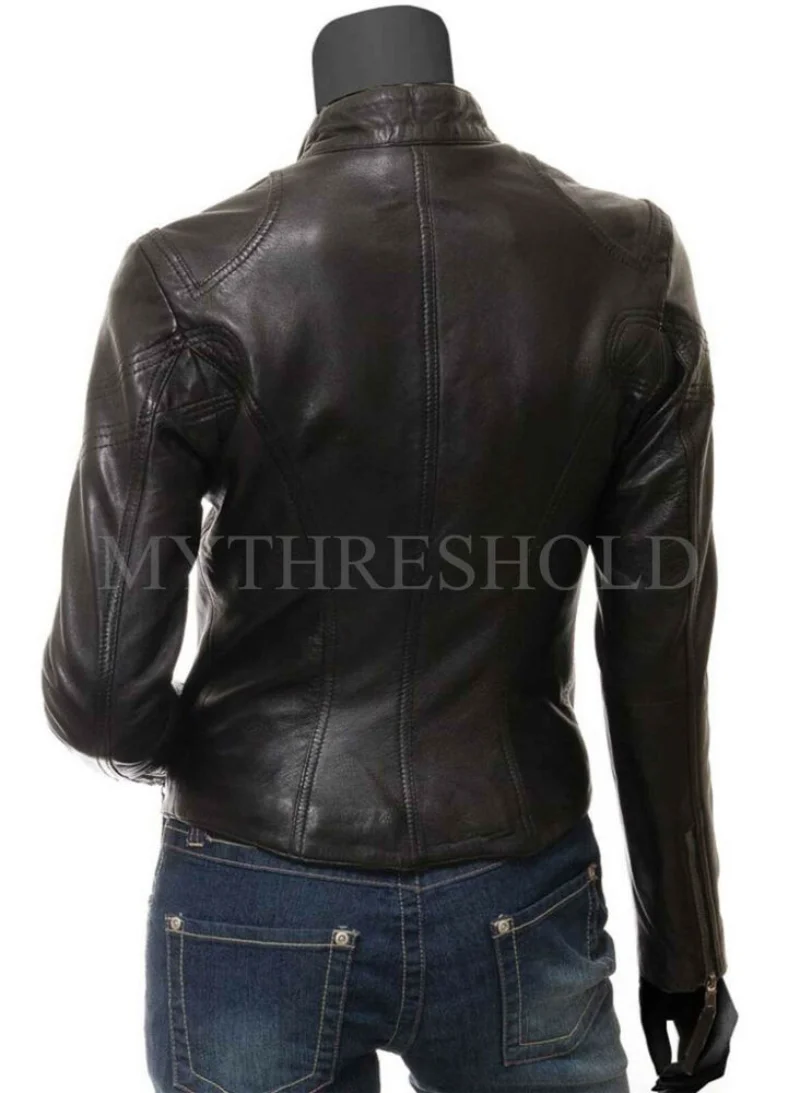 Womens Biker Motorcycle GENUINE BLACK Stylish Real Leather Jacket