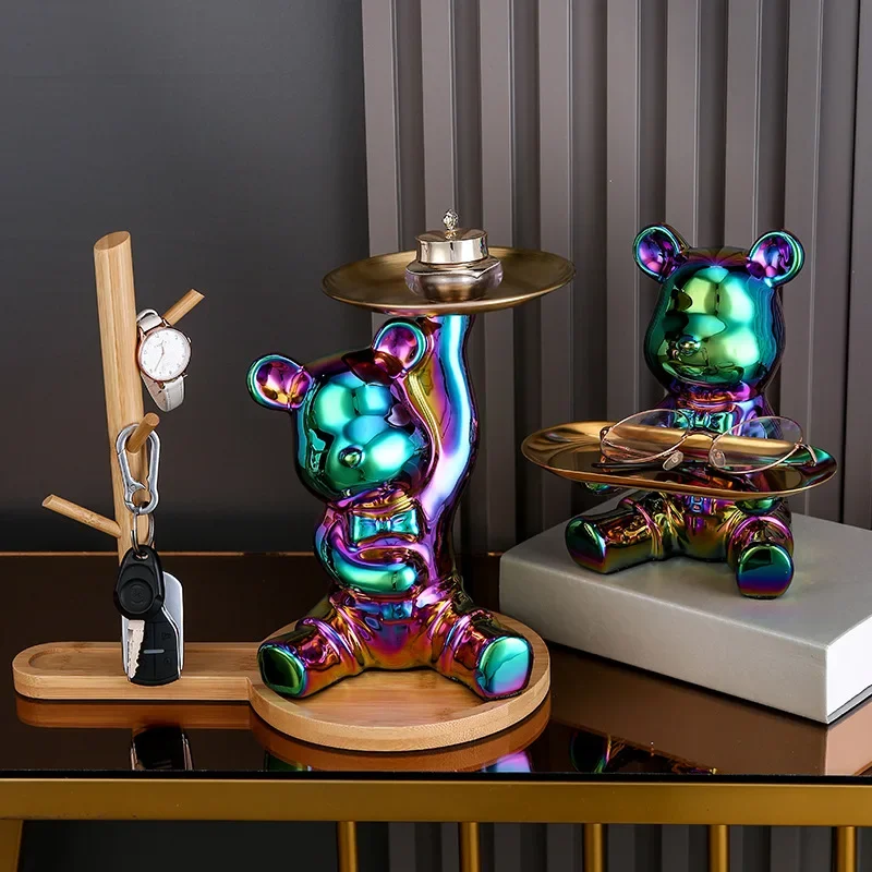 

Plating Bear Storage Box Home Living Room Desktop Storage Tray Decorative Statue, violent bear dolls small ornaments