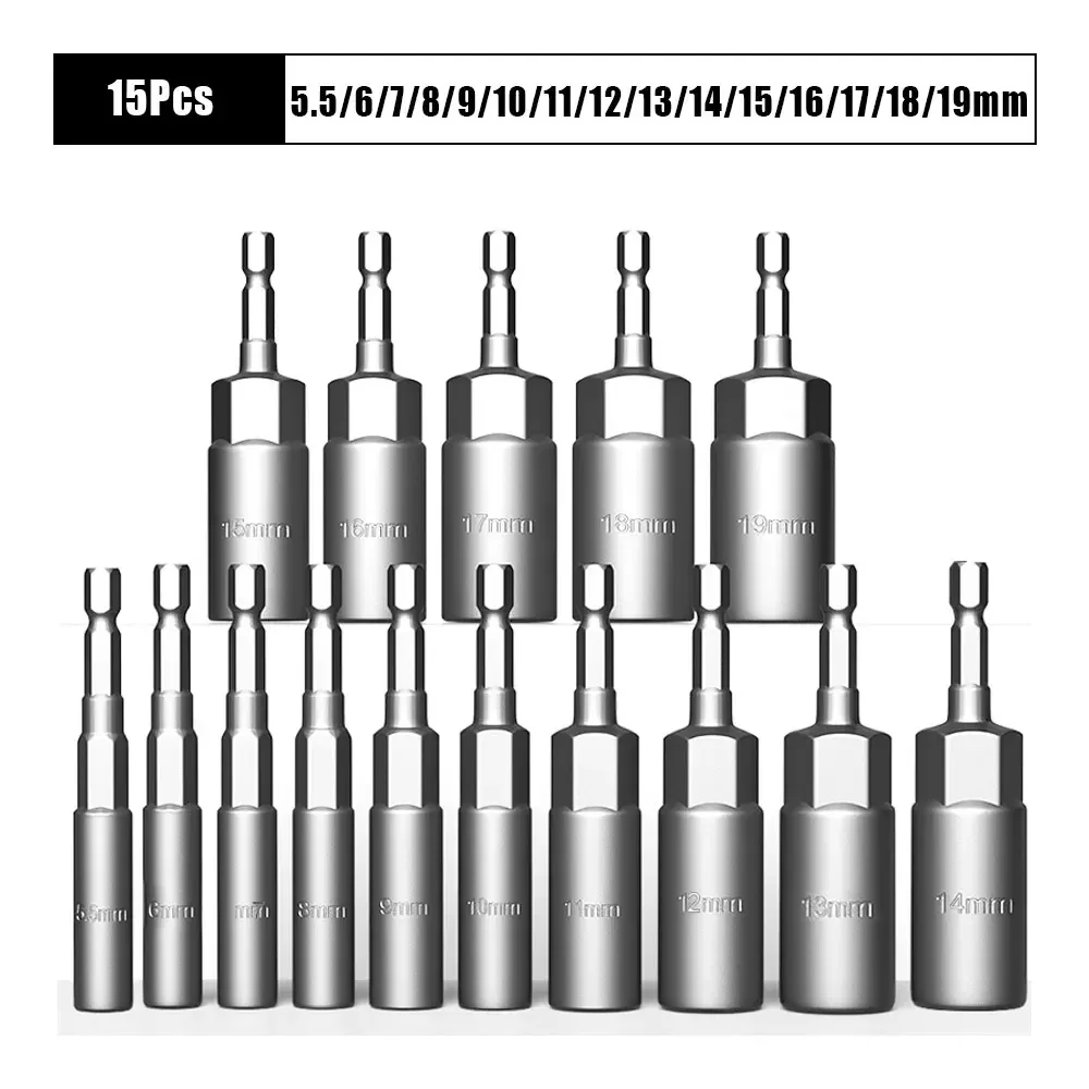 Impact Socket Adapter Set 10/15Pcs 5.5-19mm 1/4-inch Screwdriver Key Head Hand Tool