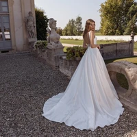 Classic Square Neck Wide Straps Wedding Dresses Sleeveless Open Back Beading Pearls Satin A Line Floor Length Vestidos De Novia 2