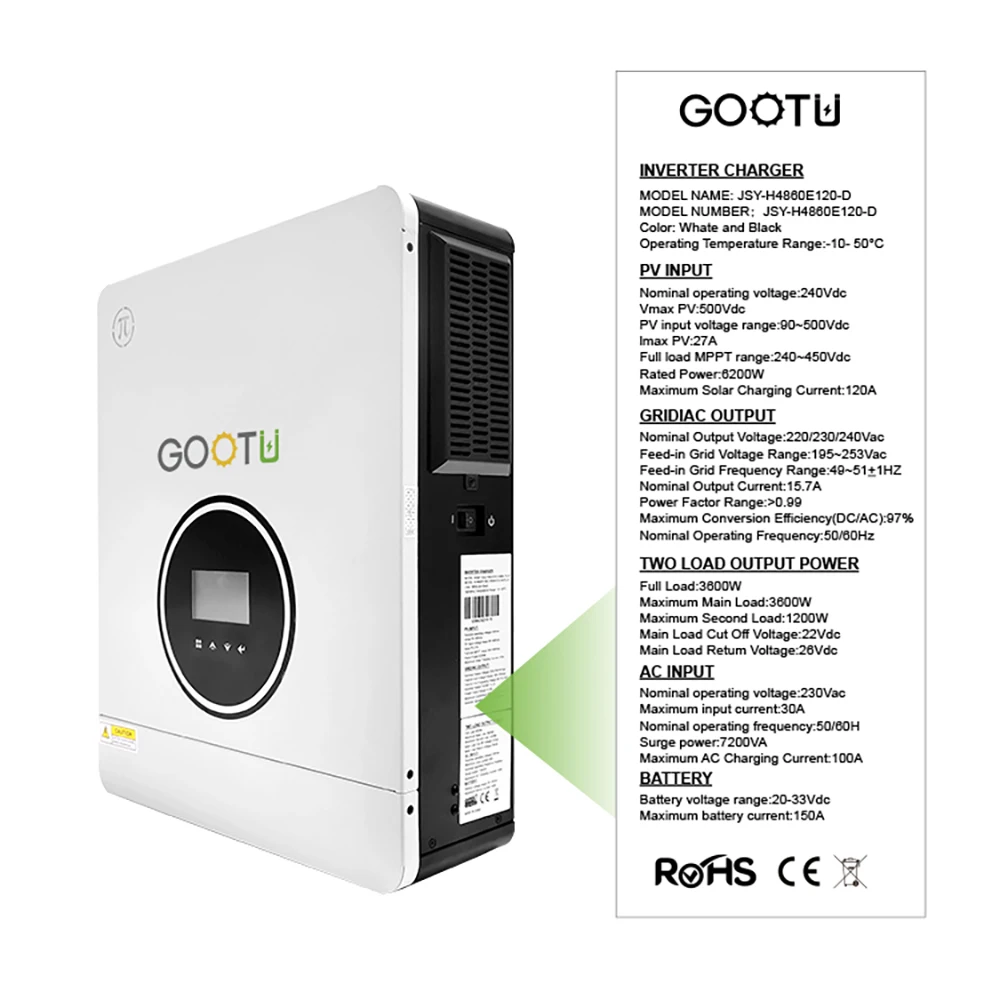 GOOTU 하이브리드 태양광 인버터, 오프그리드 인버터, 120A MPPT 충전기, 배터리 없이 작동, 최대 PV 500VDC, 6.2KW, 48V, 220V