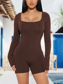 Women's Casual Fashion Solid Color u Neck Long Sleeve Yoga Shorts Jumpsuit