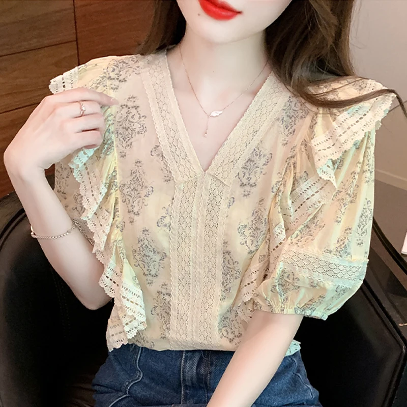 

Vintage Floral Print Summer Ruffled Blouse Women V-neck Korean Fashion Lace Shirt Loose Casual Short Sleeve Tops Blusas 26992