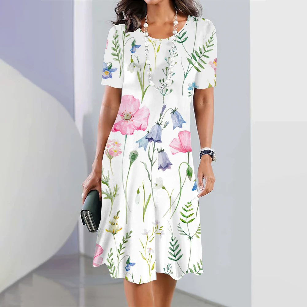 

2024 Women's Dresses Floral Print Summer Elegant Midi Dresses Female Short Sleeve Dress Fashion Oversized Clothes