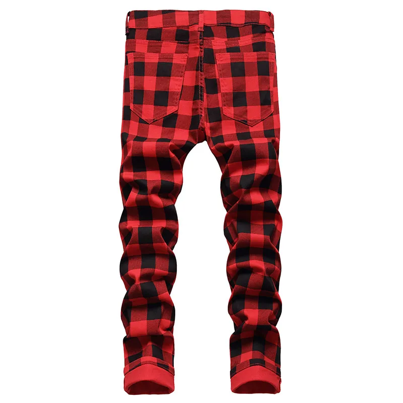 European Style Plaid Mens Jeans 2022 Mens Fashion Slim Denim Pants Biker Hip Hop Casual Elastic Waist Printed Trousers