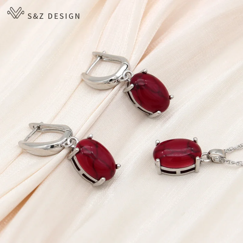 S&Z DESIGN New Turquoises Oval Egg Shape 585 Rose Gold Color Dangle Earrings Jewelry Sets For Women Fashion Pendant Necklace