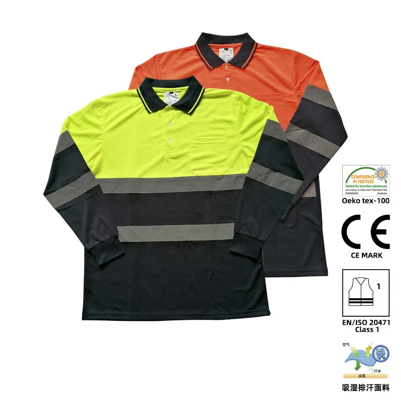 Two Tone Long Sleeve Safety Polo Shirt Orange High Visibility Reflective Shirt Pockets Hi vis work shirt