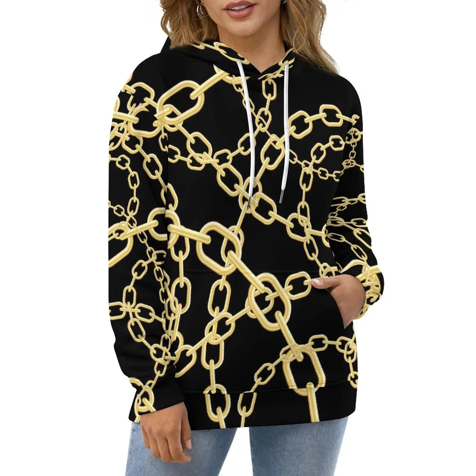 

Gold Chain Hoodies Links Print Korean Fashion Casual Pullover Hoodie Long-Sleeve Kawaii Design Sweatshirts Big Size 5XL 6XL