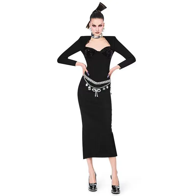 

New Arrival Shining Diamonds Package Hips Bodycon Mid Calf Bandage Dress Elegant Woman Evening Dress Cocktail Party Vestid