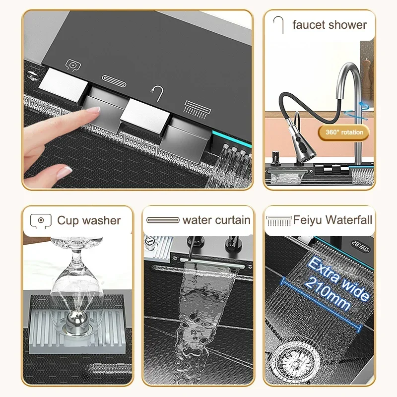 304 Stainless Steel Waterfall Kitchen Sink Large Single Slot Digital Display Faucet Set Multifunctional Wash Basin