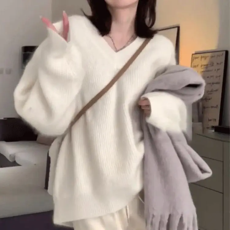 

Пуловеры, свитера, женские корейские однотонные Свободные повседневные трикотажные джемперы с V-образным вырезом и длинным рукавом, топы с соединением, Осень-зима 2024