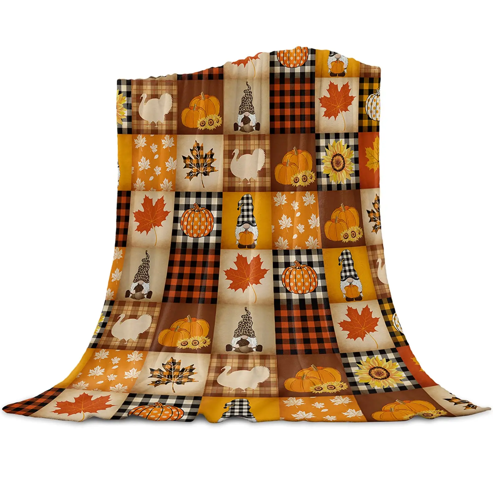 

Thanksgiving Pumpkin Blanket Super Soft Flannel Throw Blankets Pumpkin Turkey Maple Leaf Gnome Plaid Blanket Plush Blankets Gift