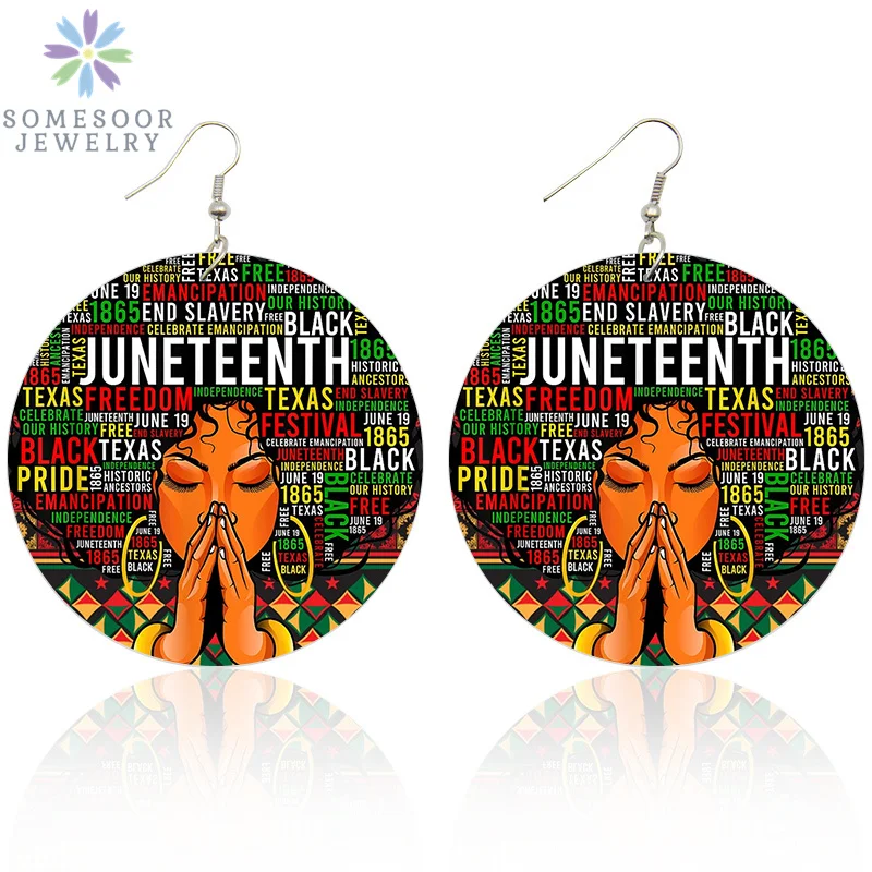 SOMESOOR Black Freedom Wooden Drop Earrings Celebrate Juneteenth God Blessed June 19 Fashion Pendant Dangle For Women Girls Gift