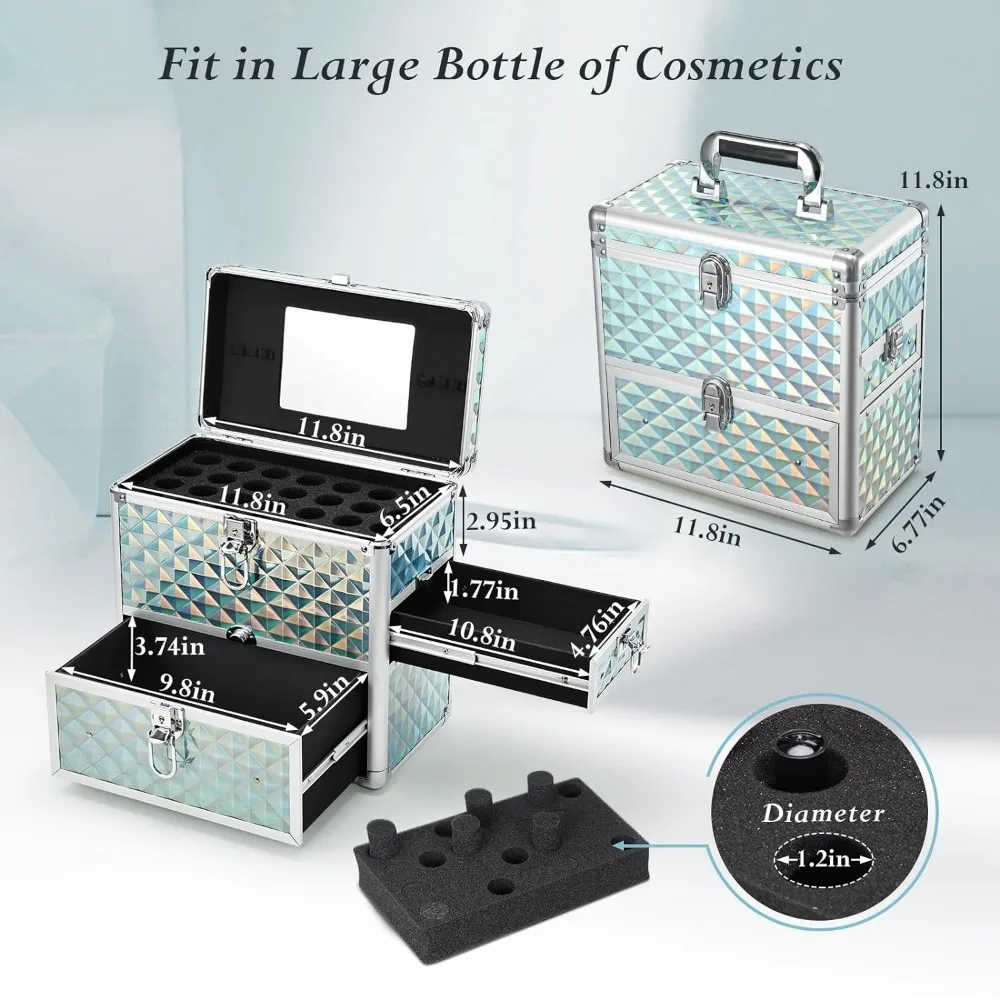 FRENESSA Extra Large Makeup Organizer Case Cosmetic Box Storage with Drawer Mirror Makeup Manicure Accessory Organizer With under sink organizer 2 tier bathroom organizer bath collection baskets under sink drawer storage shelves for bathroom accessory