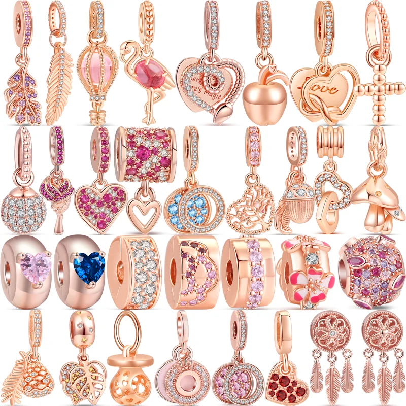 New Rose Pink Heart Flower Leaf Feather Pendant Pavé Clip Beads Fit Original Pandora Charms Bracciale Fai Da Te 925 Silver Fine Jewelry