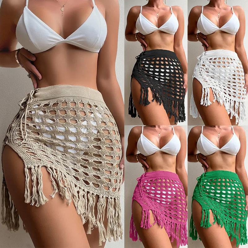 

2023 Women's Fashion Summer New Sexy Hollow Knit Skirt See-through Slit Tassel Skirt Beach Blouse Skirt