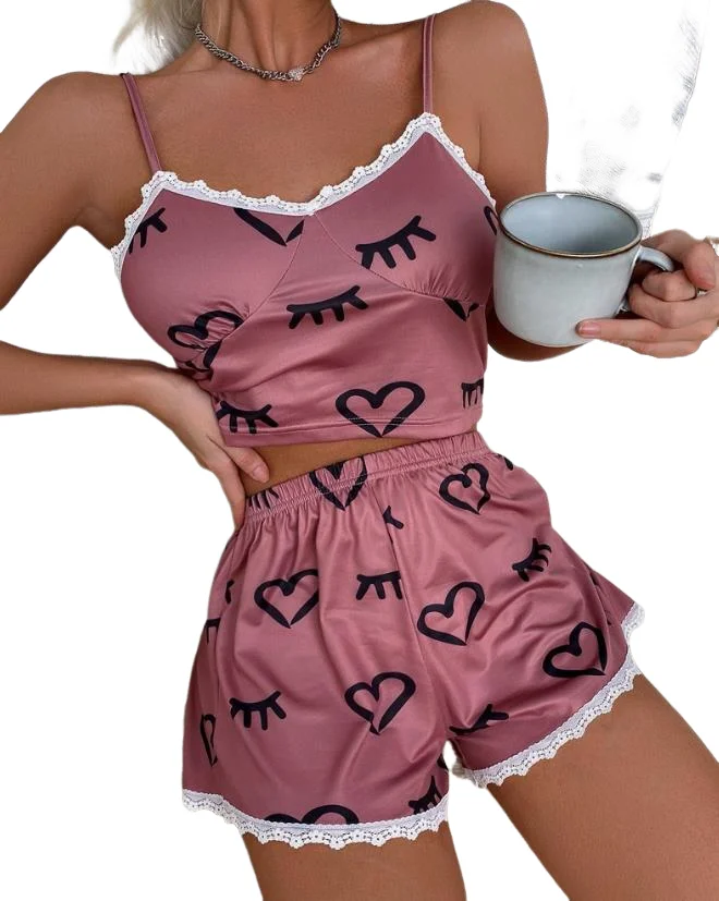 Two Pieces Pajamas Set for Women 2024 Autumn New Fashion Casual Daily Sweet and Cute Heart Cartoon Print Lace Patch Cami Set