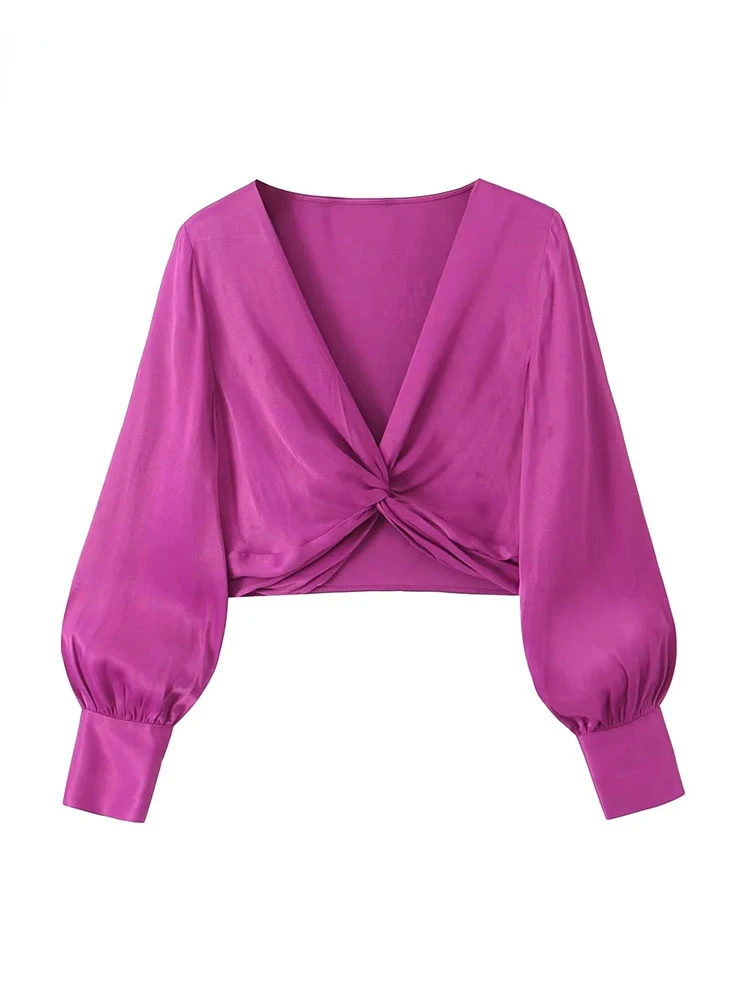 

Summer V-neck Lantern Sleeve Slim Shirt Sexy Women's Cropped Top Fashion Knotted Silk Satin Women's Textured Tops