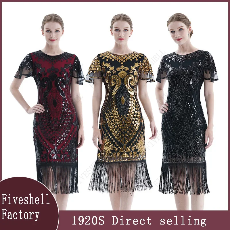 

1920s Flapper Evening Dress Beaded Great Gatsby Charleston Party Fringe Evening Cocktail Dress Robe Femme Midi Vintage Vestido