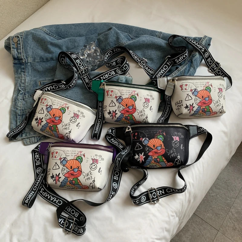 Cute Cartoon Doodle Bear Waist Bag Women Shoulder Crossbody Bags Lady Banana Chest Bag Casual Funny Bag Female Handbag and Purse