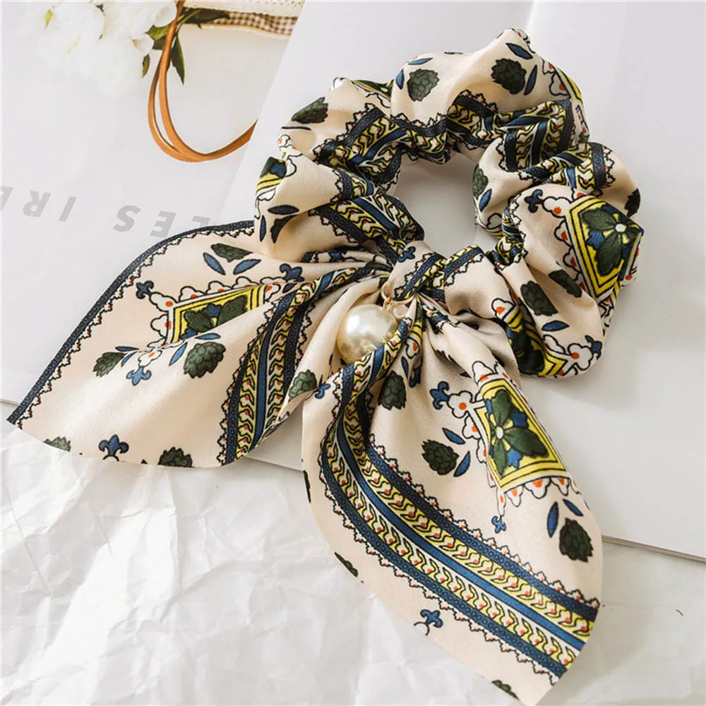 2021 New Chiffon Bowknot Silk Hair Scrunchies Women Pearl Ponytail Holder Hair Tie Hair Rope Rubber Bands Hair Accessories elastic headbands for women Hair Accessories