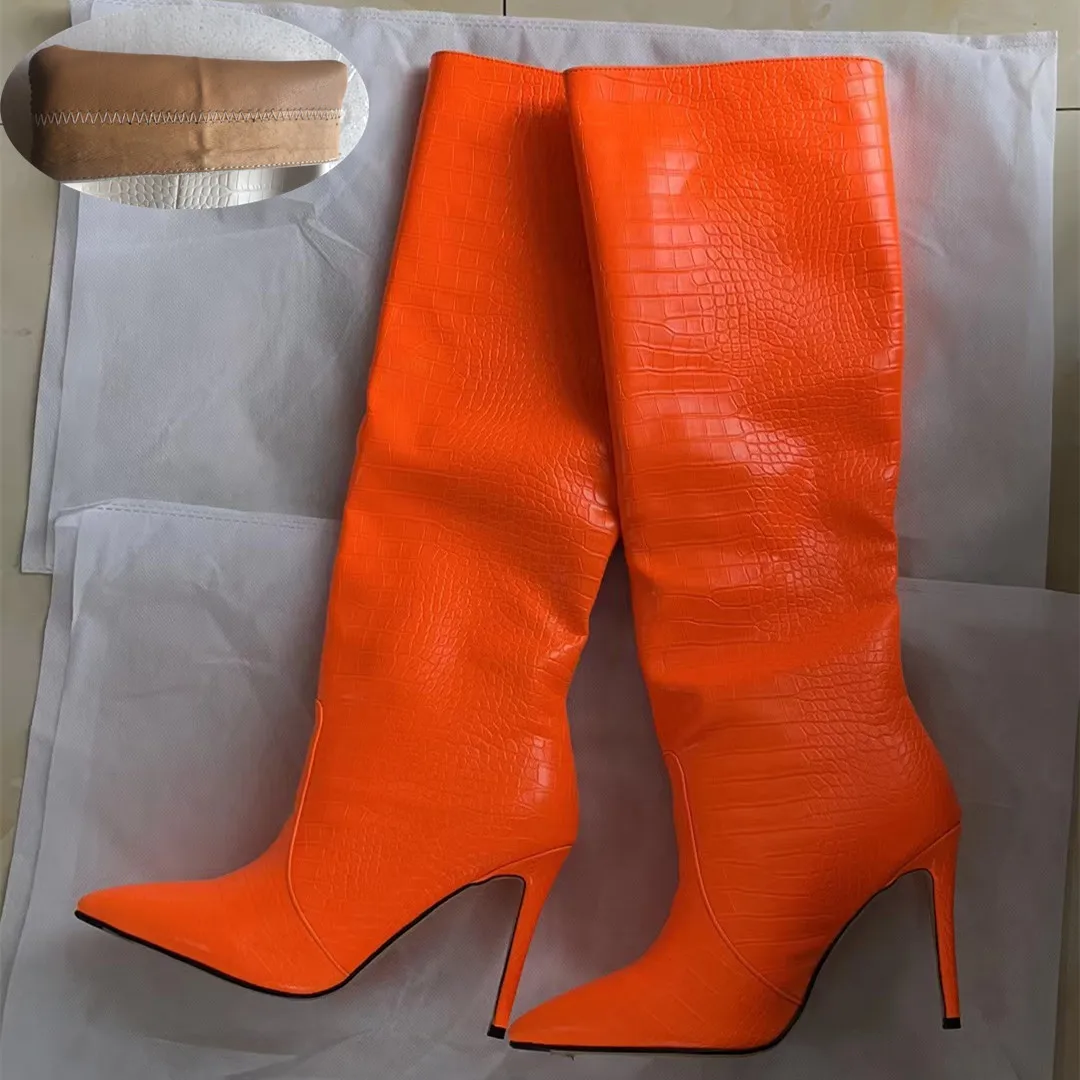 Women's Autumn Boots New Pointed Ultra-high Heel Boots Fluorescent Green Stone 34-43 High Tube Boot Woman Shoes High Heels Sexy white ankle booties Boots