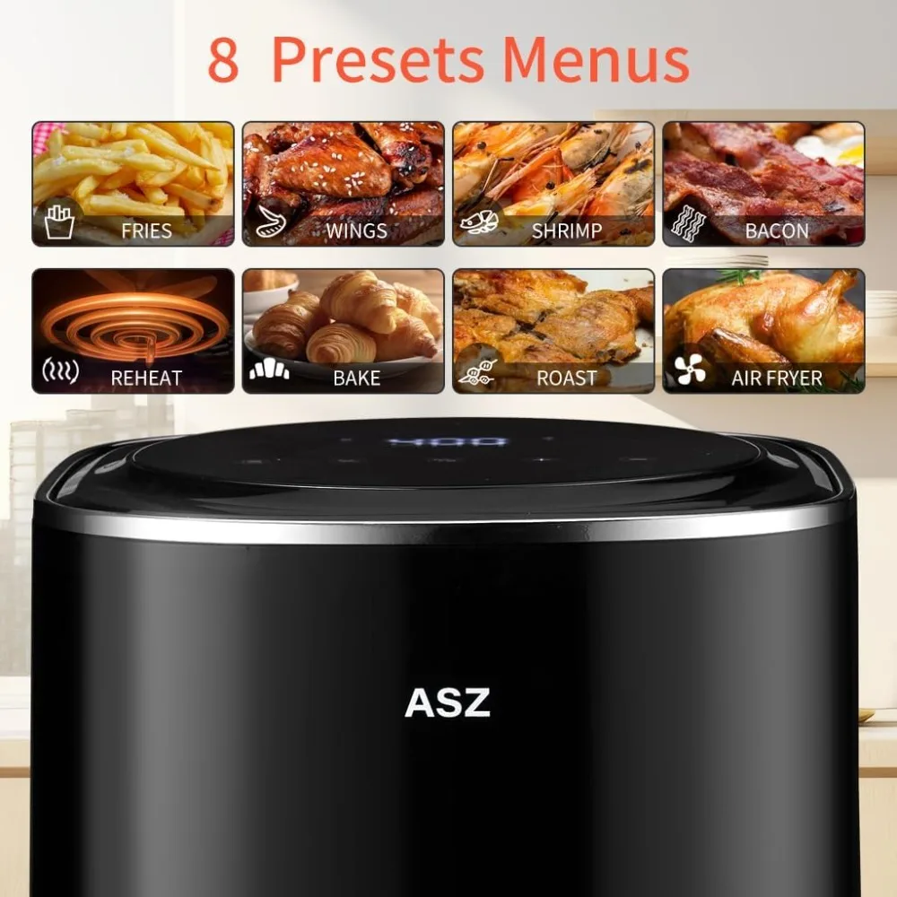 ASZ Digital Air Fryer 4.5qt with Window  8 Presets Bake Toast Broil Reheat Bacon Black 400°F Airfryer 85% Oil Less 2