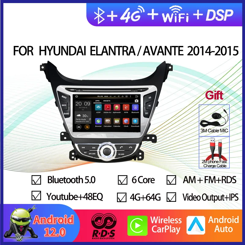 

Автомагнитола на Android 12 для HYUNDAI ELANTRA/AVANTE 2014-2015, Мультимедийный проигрыватель с GPS-навигацией