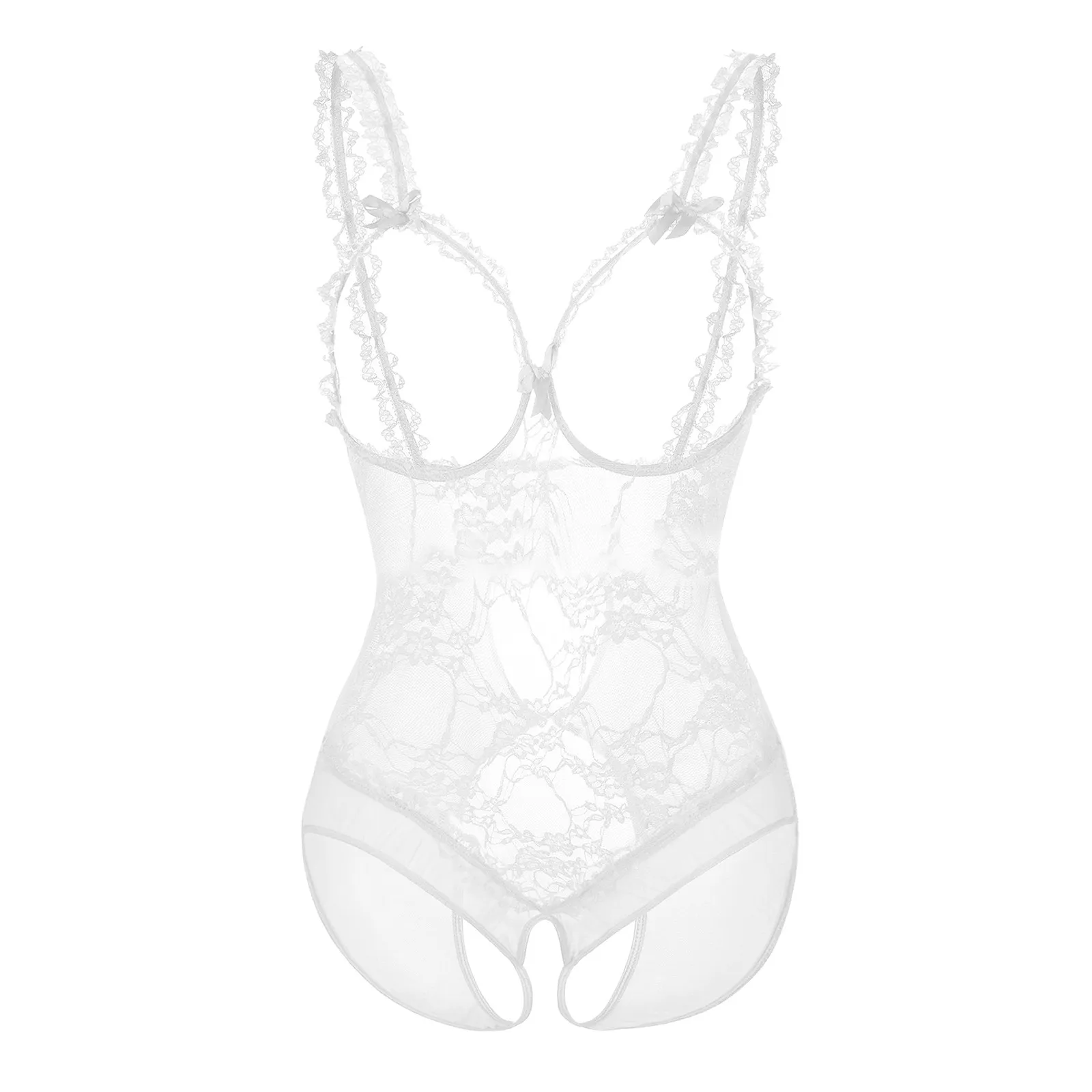 Women's Fun Underwear Lace Open Crotch Dew Breast See Through Sexy Bodysuit Underwear Sleeping Women Night Shirt Rose Satin