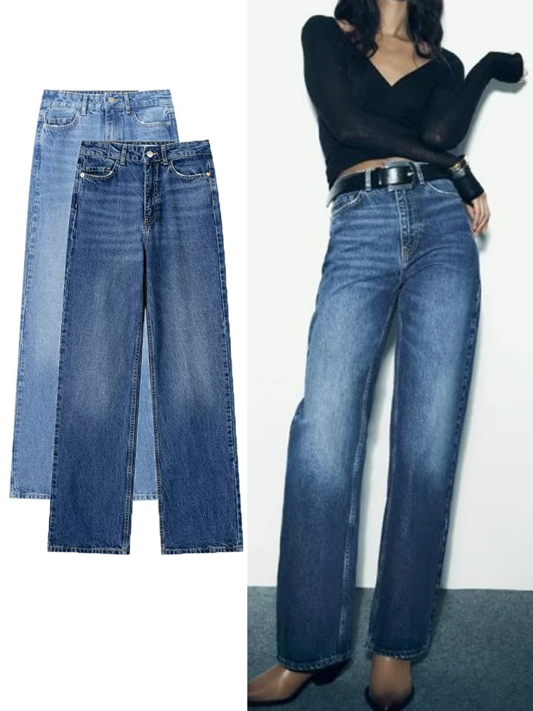 

TRAF Winter Women Fashion Long Jeans Pants 2023 New Autumn Casual High Waist Trousers Female Solid Denim Wide Leg Pants