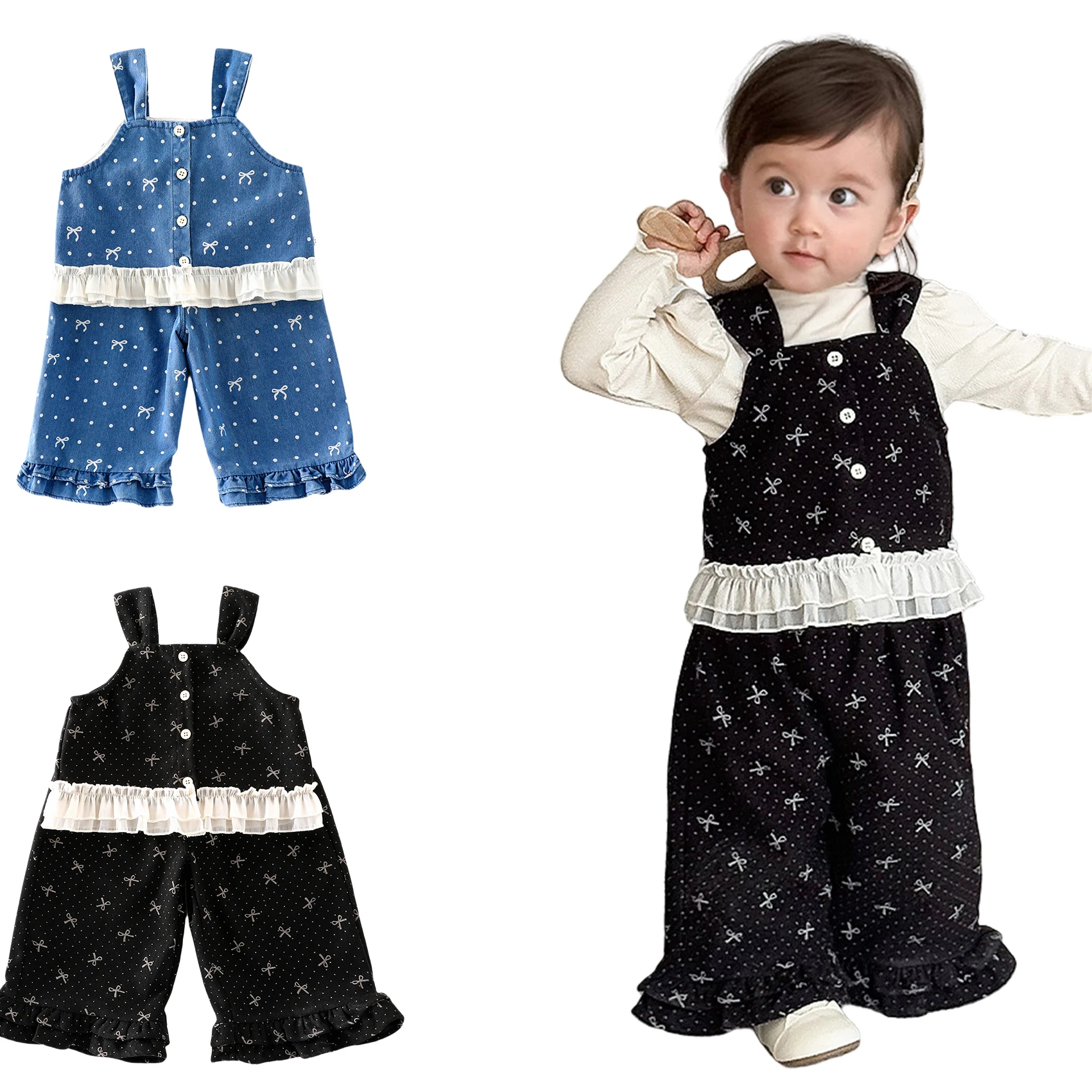 Autumn New Girls Clothing Set Full of Bow Print Camisole Vest And Ruffle Pants 2 Pcs Girls Clothes Suit Fashion Kids Outfit